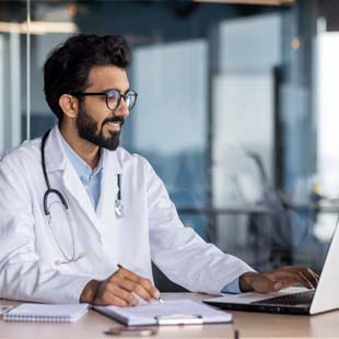 Provider seated at his desk working from his laptop.